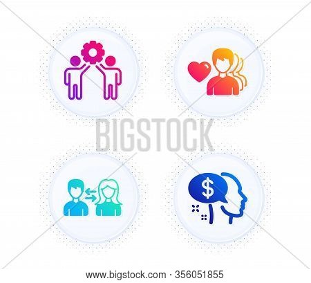 People Communication, Employees Teamwork And Man Love Icons Simple Set. Button With Halftone Dots. P