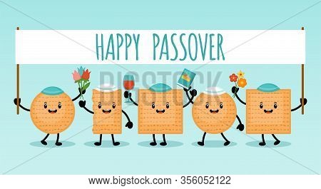 Passover Holiday Banner Design With Matzah Funny Cartoon Characters. Vector Illustration