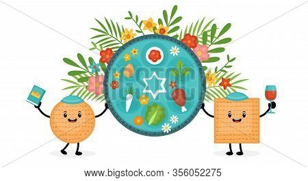 Passover Holiday Banner Design With Matzah Funny Cartoon Characters And Traditional Seder Plate. Vec