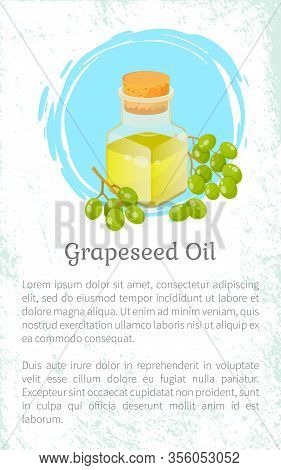 Grapeseed Oil In Glass Bottle And Branch Of Green Grapes. Postcard With Text Template And Fruit Ingr