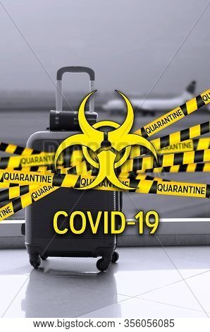Flight Canceled Because Of The Pandemic Coronavirus Covid-19 Concept. Collage With Caution Yellow An