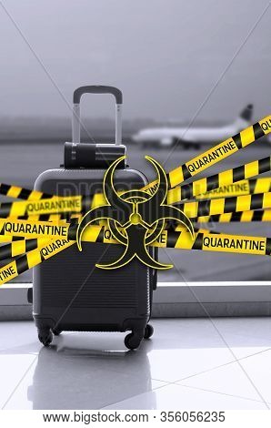 Flight Canceled Because Of The Pandemic Coronavirus Covid-19 Concept. Collage With Caution Yellow An