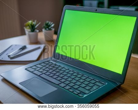 Home Office Work Remote Desktop Greenscreen Chroma Background Laptop Chromebook