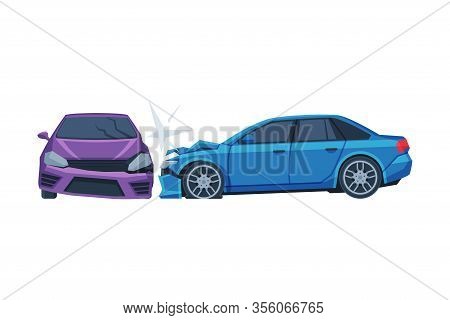 Two Automobiles Collision, Car Crash On Road, Auto Accident Flat Vector Illustration