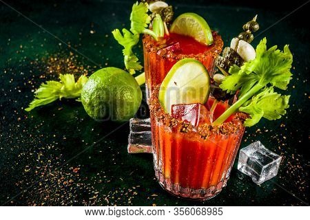 Spicy Bloody Mary Cocktail With Garnish . Homemade Texmex Styled Alcohol Drink,