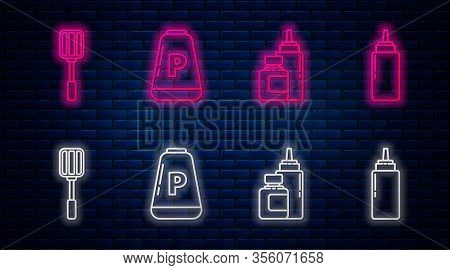 Set Line Pepper, Sauce Bottle, Spatula And Sauce Bottle. Glowing Neon Icon On Brick Wall. Vector
