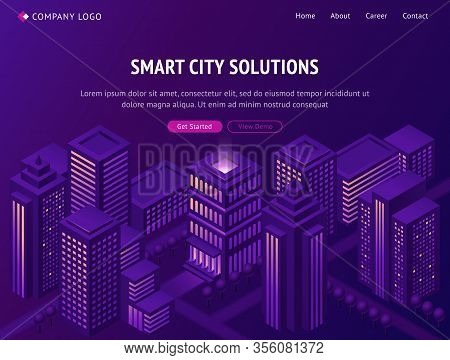 Smart City Solutions Isometric Landing Page, Futuristic Smartcity Town With Tall Neon Glowing Skyscr