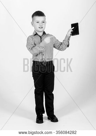 Confident Child Has Business Start Up. Modern Life. Small Boy With Mobile Phone. Little Boss. Ceo Di