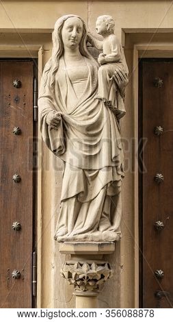 Christian Church Portal In Detail Of St. Laurentius Church In Saarburg