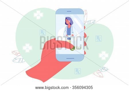 Application User Quickly Call Attending Physician. Patient Hold Smartphone In Hand, Therapist Shown 