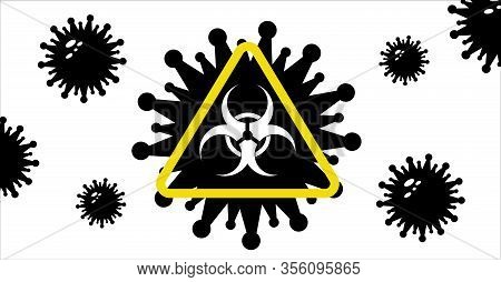 Pandemic Coronavirus Covid-19 Warning Concept. Banner With Caution Biohazard Sign And Virus Symbols.
