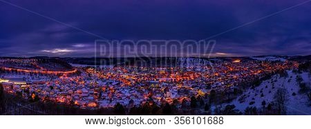 Winter Cityscape Of The Town Albstadt In Baden Wuerttemberg, Germany At The Late Evening Hour With G