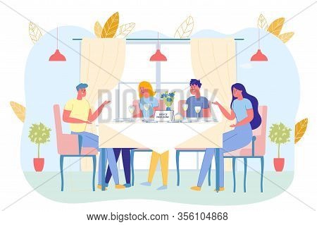 Company Guys Take Device Free Zone Table In Cafe. Men And Women Talk On Interesting Topic In Pleasan