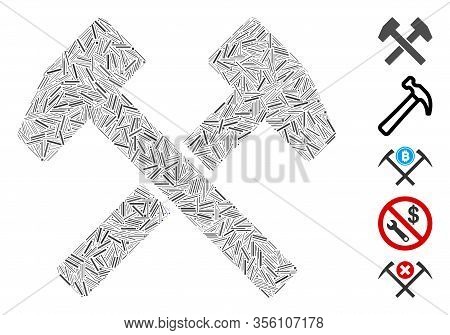 Hatch Mosaic Based On Work Hammers Icon. Mosaic Vector Work Hammers Is Created With Randomized Line 
