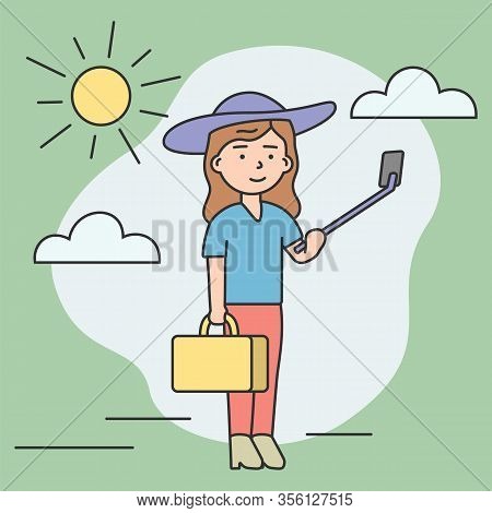 Concept Of Making Selfie. Young Attractive Woman With Suitcase Is Making Selfie By Smartphone On Sti