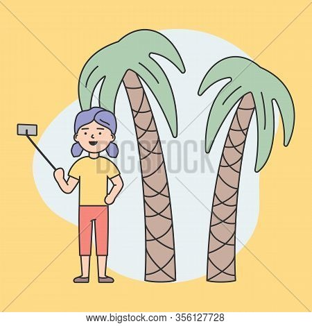 Concept Of Making Selfie. Young Attractive Woman With Suitcase Is Making Selfie At Palmtrees Backgro