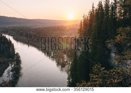 Scenic Landscape, Man On On Edge Of Cliff Meeting Beutiful Sunrise Over Mountain River Usva, Russia,
