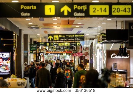 Otopeni, Romania - February 25, 2020: Details From The Interior Of Henri Coanda International Airpor