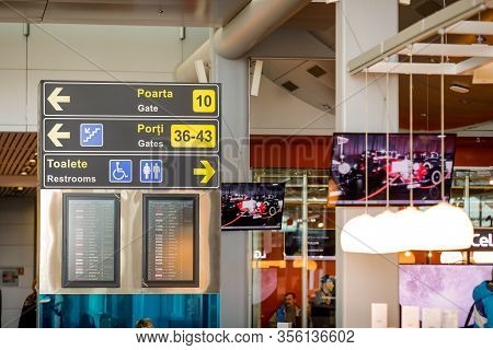 Otopeni, Romania - February 25, 2020: Details From The Interior Of Henri Coanda International Airpor