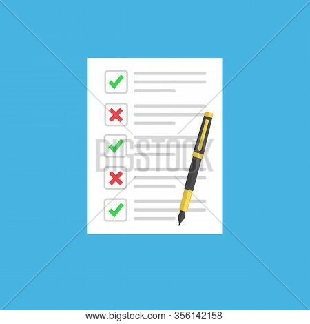 Checklist Or Document With Green Checkmarks And Red Crosses. Application Form, Completed Tasks, To-d