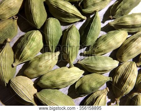 Green Cardamom Pods Background. Close Up. Horizental Image.