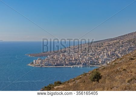Panoramic Aerial View Of Sarande Beautiful Town And Resort On The Albanian Riviera.