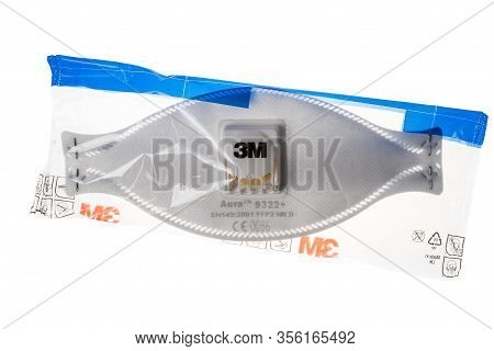 Varna, Bulgaria - March 15, 2020:photo Of A 3m Mask In Its Package Isolated On White. 3m Is A Compan