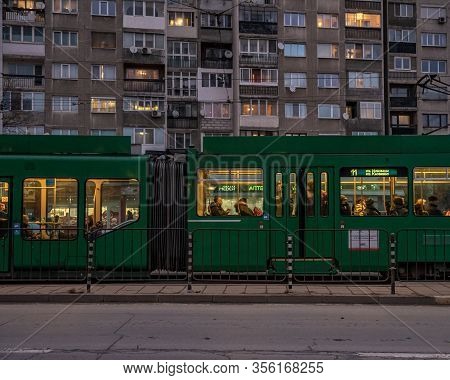Sofia - February 27, 2020: Prefabricated House In The City On Settlements. Tram At The Stop In Front
