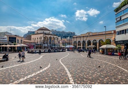 Athens / Greece - March 13 2020: View Of Monastiraki Square, With The Tzistarakis Mosque On The Left