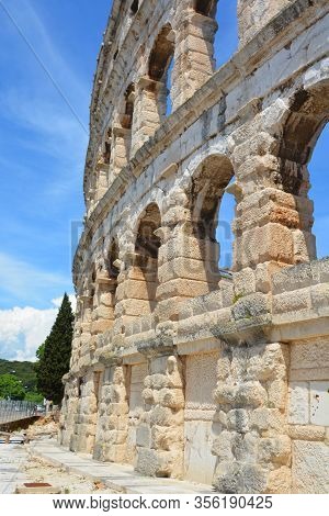 Pula Croatia 05 24 2019: The Pula Arena Is The Famous Roman Amphitheater In Pula, Istria, Croatia, E
