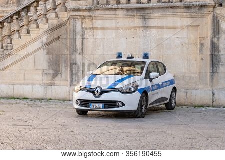Palermo, Sicily - February 8, 2020: A White Renault Clio Police Car Of The Palermo Town Police (poli