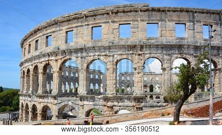 Pula Croatia 05 24 2019: The Pula Arena Is The Famous Roman Amphitheater In Pula, Istria, Croatia, E