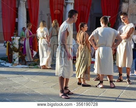 Pula Croatia 05 22 2019: Men Dressed As Roman Gladiator For Tourists In The Old Town Of Pula Known F