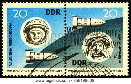 Moscow, Russia - March 17, 2020: Stamp Printed In Gdr (east Germany) Shows Soviet Cosmonauts Valenti