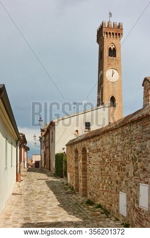 Old street and bell tower in Santarcangelo di Romagna, Italy