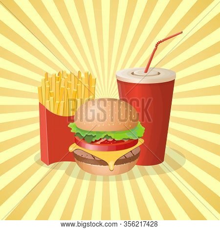 Burger, French Fries And Soda Cup - Cute Cartoon Colored Picture. Graphic Design Elements For Menu, 