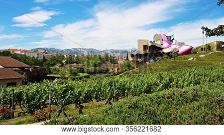 Hotel Marquis De Riscal In Elciego Of The Basque Province Among The Hills With Vineyards Of Sunny Sp