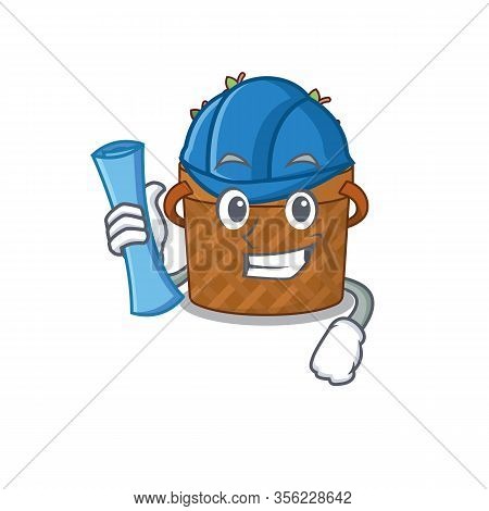 Smiling Architect Of Apple Basket Having Blue Prints And Blue Helmet