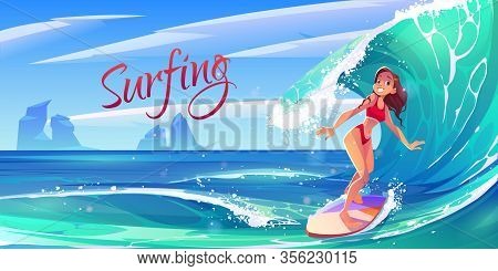 Young Surf Girl Riding Ocean Wave On Board, Summer Surfing Activity, Sports Recreation, Sea Leisure 