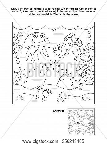 Connect The Dots Picture Puzzle And Coloring Page, Underwater Life Themed, With Amphorae, Fish, Jell