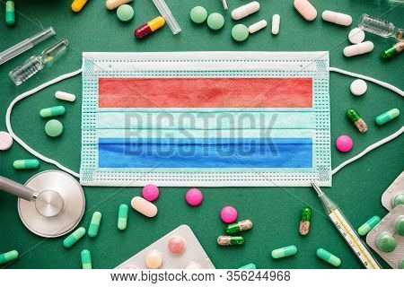 Novel Coronavirus In Netherlands, Covid-19 Disease Prevention Flatlay With Protective Medical Dutch 