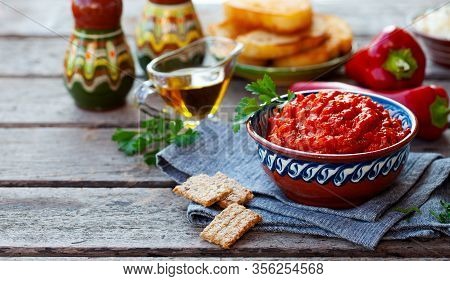 Vegetable Relish, Chutney, Lutenica, Pindjur. Traditional Balkan Food. Copy Space.