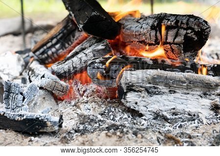 Wooden Logs Or Firewood Burn With Red Yellow Flame Among Pieces Of Embers And Live Coals.