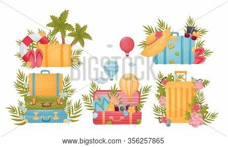 Travel Compositions With Luggage Bag And Tourist Attributes Decorated With Floral Arrangement Vector