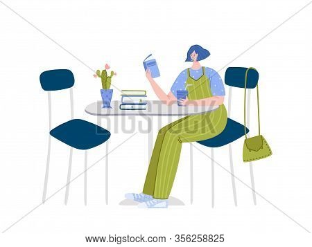 Girl Reading Book Sitting In Cafe Or Her Kitcen, Student Read And Study, Literature Fan Or Lover Con