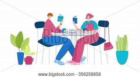 Girl And Man Reading Books Sitting In Cafe Or In Kitcen, Students Read And Study, Literature Fans Or