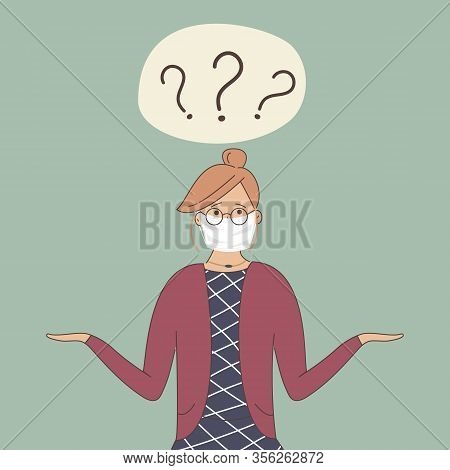 Cute Girl In Protective Medical Mask Shrugs With Naive Curious Funny Face And Arms Apart. Three Ques