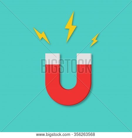 Magnet Icon In Flat Design With Lightnings. Vector Eps 10