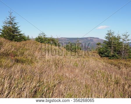Fields Of Silesian Beskids Mountains Land Near Salmopol Pass View Above European City Of Szczyrk In 
