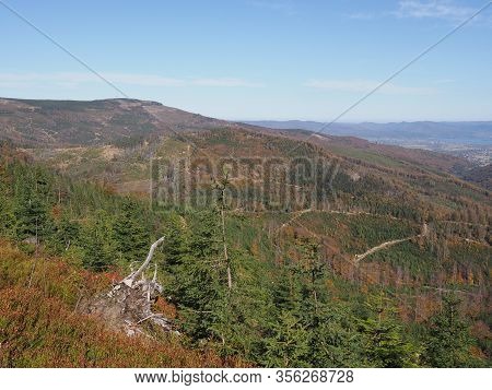 Nature Of Silesian Beskids Mountains Land Near Salmopol Pass View Above European City Of Szczyrk In 